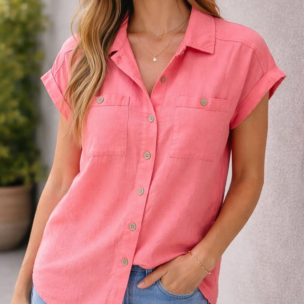 Isabel Ingrid & Isabel Linen Blend Button Up Shirt Womens M Pink Short Sleeve